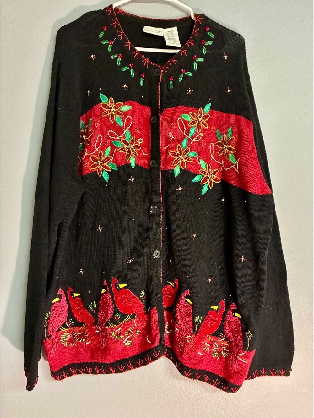 Vintage White Stag Women's Plus Cardinal & Poinsettia Christmas Cardigan Sz XXL